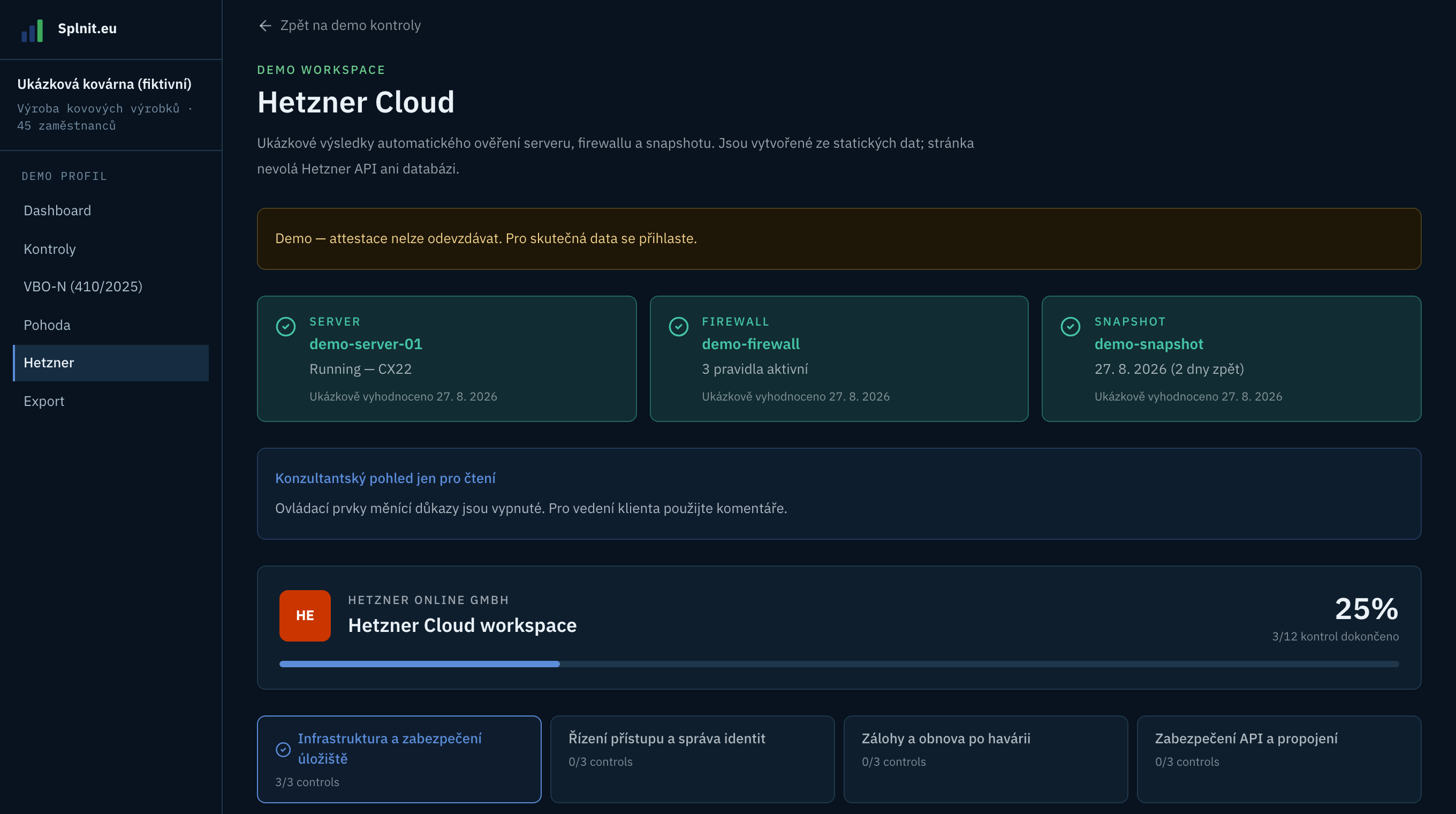 Ukázkový pracovní prostor Hetzner Cloud — automaticky ověřené důkazy pro server, firewall a snapshot